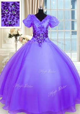 Superior Short Sleeves Organza Floor Length Lace Up Quinceanera Dress in Lavender for with Appliques