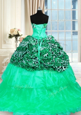 Superior Strapless Sleeveless Quinceanera Dress Sweep Train Beading and Ruffled Layers Turquoise Organza and Printed