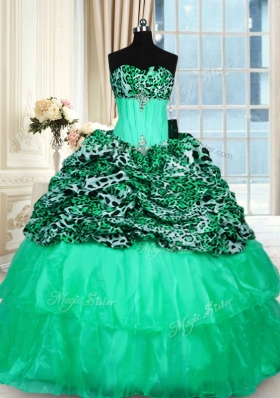 Superior Strapless Sleeveless Quinceanera Dress Sweep Train Beading and Ruffled Layers Turquoise Organza and Printed