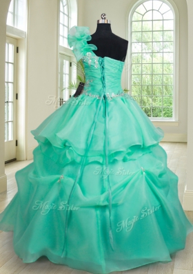 Superior Three Piece One Shoulder Floor Length Lace Up 15th Birthday Dress Turquoise and In for Military Ball and Sweet 16 and Quinceanera with Beading and Hand Made Flower