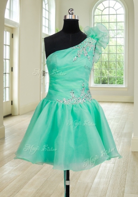 Superior Three Piece One Shoulder Floor Length Lace Up 15th Birthday Dress Turquoise and In for Military Ball and Sweet 16 and Quinceanera with Beading and Hand Made Flower
