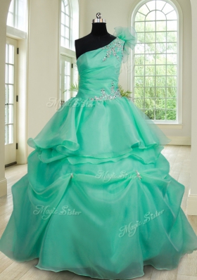 Superior Three Piece One Shoulder Floor Length Lace Up 15th Birthday Dress Turquoise and In for Military Ball and Sweet 16 and Quinceanera with Beading and Hand Made Flower