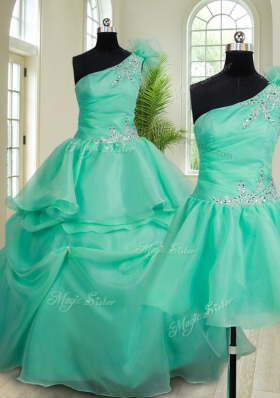 Superior Three Piece One Shoulder Floor Length Lace Up 15th Birthday Dress Turquoise and In for Military Ball and Sweet 16 and Quinceanera with Beading and Hand Made Flower