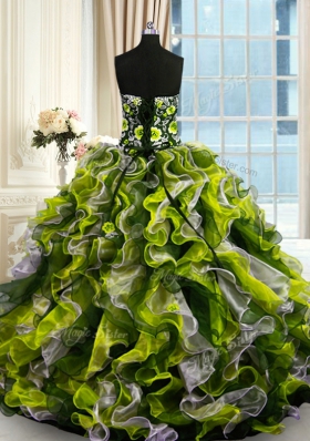 Sweetheart Sleeveless Sweet 16 Dresses Floor Length Beading and Ruffles Multi-color Organza