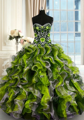 Sweetheart Sleeveless Sweet 16 Dresses Floor Length Beading and Ruffles Multi-color Organza