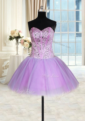 Three Piece Sleeveless Floor Length Beading Lace Up Sweet 16 Dresses with Lavender