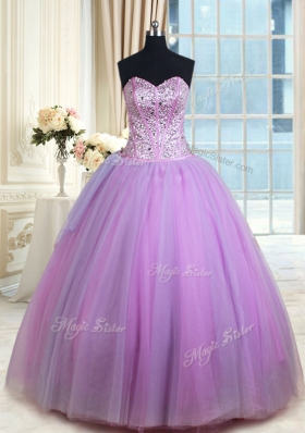 Three Piece Sleeveless Floor Length Beading Lace Up Sweet 16 Dresses with Lavender