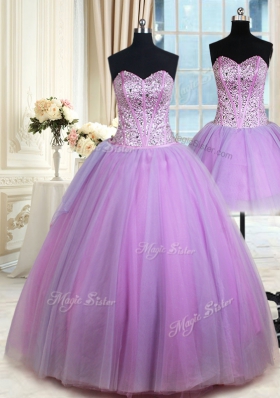 Three Piece Sleeveless Floor Length Beading Lace Up Sweet 16 Dresses with Lavender