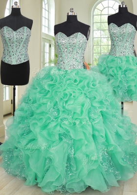 Three Piece Turquoise Sweetheart Lace Up Beading and Ruffles Quinceanera Dresses Sleeveless