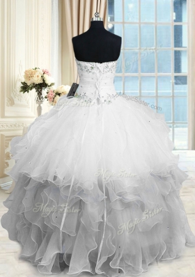White Ball Gowns Organza Sweetheart Sleeveless Beading and Ruffles Floor Length Lace Up 15 Quinceanera Dress