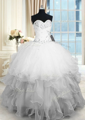 White Ball Gowns Organza Sweetheart Sleeveless Beading and Ruffles Floor Length Lace Up 15 Quinceanera Dress