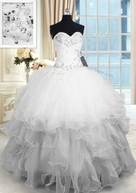 White Ball Gowns Organza Sweetheart Sleeveless Beading and Ruffles Floor Length Lace Up 15 Quinceanera Dress