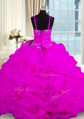 Beautiful Sleeveless Organza Floor Length Lace Up Quinceanera Gowns in Fuchsia for with Beading and Pick Ups