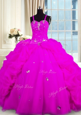 Beautiful Sleeveless Organza Floor Length Lace Up Quinceanera Gowns in Fuchsia for with Beading and Pick Ups