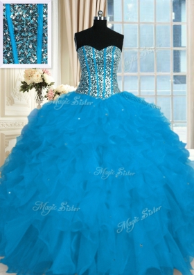 Blue Ball Gowns Sweetheart Sleeveless Organza Floor Length Lace Up Beading and Ruffles Sweet 16 Quinceanera Dress