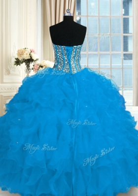 Blue Ball Gowns Sweetheart Sleeveless Organza Floor Length Lace Up Beading and Ruffles Sweet 16 Quinceanera Dress