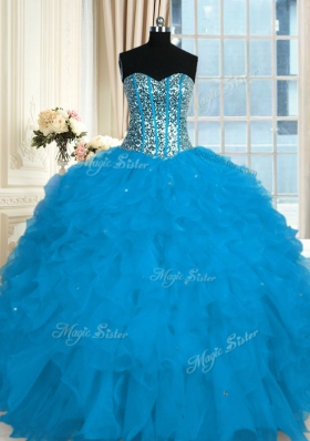 Blue Ball Gowns Sweetheart Sleeveless Organza Floor Length Lace Up Beading and Ruffles Sweet 16 Quinceanera Dress