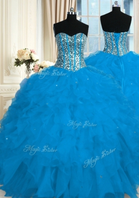 Blue Ball Gowns Sweetheart Sleeveless Organza Floor Length Lace Up Beading and Ruffles Sweet 16 Quinceanera Dress
