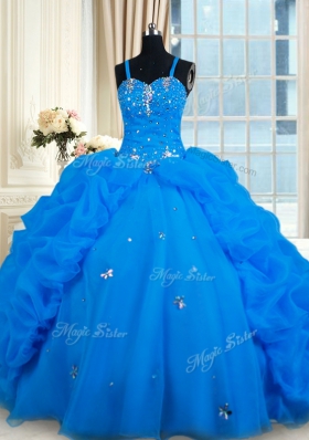 Blue Spaghetti Straps Neckline Beading and Pick Ups 15th Birthday Dress Sleeveless Lace Up