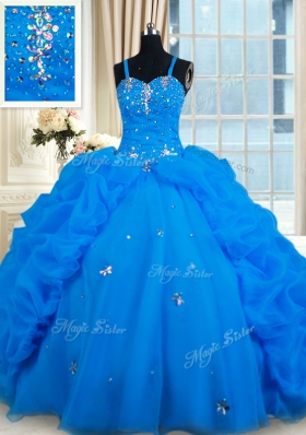 Blue Spaghetti Straps Neckline Beading and Pick Ups 15th Birthday Dress Sleeveless Lace Up