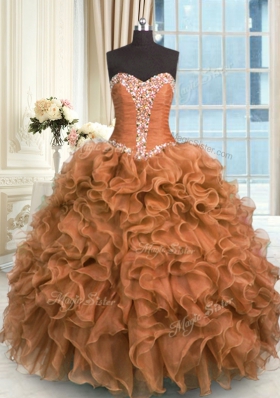 Brown Sweetheart Lace Up Beading and Ruffles Sweet 16 Quinceanera Dress Sleeveless