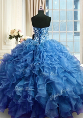 Captivating Blue Ball Gowns Organza Sweetheart Sleeveless Beading and Ruffles Floor Length Lace Up Vestidos de Quinceanera