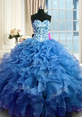 Captivating Blue Ball Gowns Organza Sweetheart Sleeveless Beading and Ruffles Floor Length Lace Up Vestidos de Quinceanera