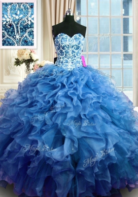 Captivating Blue Ball Gowns Organza Sweetheart Sleeveless Beading and Ruffles Floor Length Lace Up Vestidos de Quinceanera