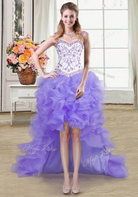 Captivating Four Piece Ball Gowns 15th Birthday Dress Lavender Straps Organza Sleeveless Floor Length Lace Up