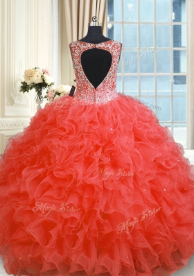 Charming Ball Gowns 15th Birthday Dress Coral Red V-neck Organza Sleeveless Floor Length Zipper