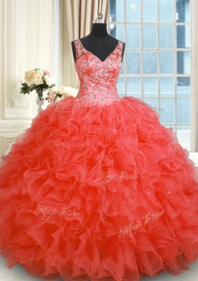 Charming Ball Gowns 15th Birthday Dress Coral Red V-neck Organza Sleeveless Floor Length Zipper