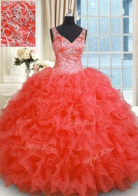 Charming Ball Gowns 15th Birthday Dress Coral Red V-neck Organza Sleeveless Floor Length Zipper