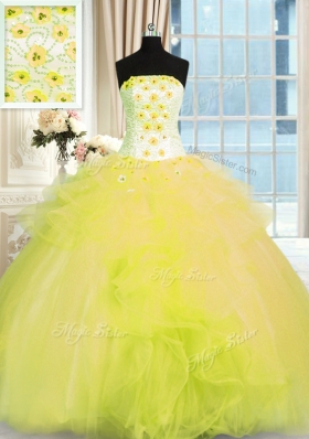 Cheap Yellow Green Tulle Lace Up Strapless Sleeveless Floor Length Sweet 16 Dresses Beading and Ruffles