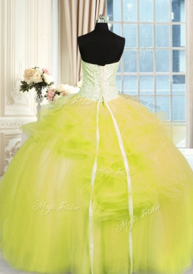 Cheap Yellow Green Tulle Lace Up Strapless Sleeveless Floor Length Sweet 16 Dresses Beading and Ruffles