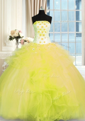 Cheap Yellow Green Tulle Lace Up Strapless Sleeveless Floor Length Sweet 16 Dresses Beading and Ruffles