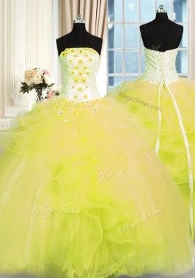 Cheap Yellow Green Tulle Lace Up Strapless Sleeveless Floor Length Sweet 16 Dresses Beading and Ruffles