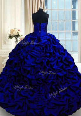 Classical Taffeta Sweetheart Sleeveless Brush Train Lace Up Beading and Appliques and Pick Ups Sweet 16 Dress in Royal Blue
