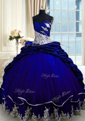 Classical Taffeta Sweetheart Sleeveless Brush Train Lace Up Beading and Appliques and Pick Ups Sweet 16 Dress in Royal Blue