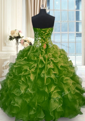 Comfortable Sleeveless Organza Floor Length Lace Up Quinceanera Dresses in Olive Green for with Beading and Ruffles