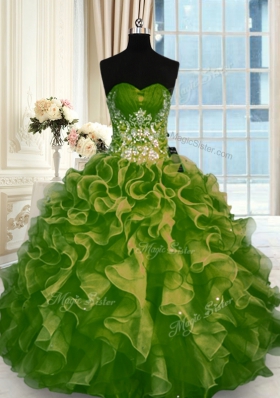 Comfortable Sleeveless Organza Floor Length Lace Up Quinceanera Dresses in Olive Green for with Beading and Ruffles
