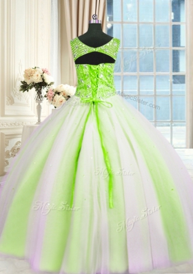 Custom Made Sequins Ball Gowns Sweet 16 Quinceanera Dress Multi-color V-neck Tulle Sleeveless Floor Length Lace Up