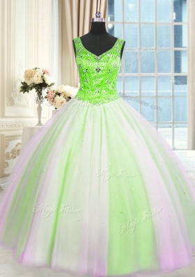 Custom Made Sequins Ball Gowns Sweet 16 Quinceanera Dress Multi-color V-neck Tulle Sleeveless Floor Length Lace Up
