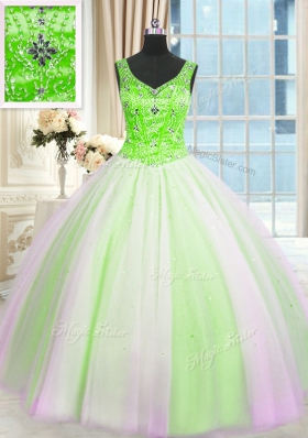 Custom Made Sequins Ball Gowns Sweet 16 Quinceanera Dress Multi-color V-neck Tulle Sleeveless Floor Length Lace Up