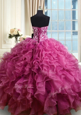 Customized Sleeveless Organza Floor Length Lace Up Quince Ball Gowns in Fuchsia for with Beading and Ruffles
