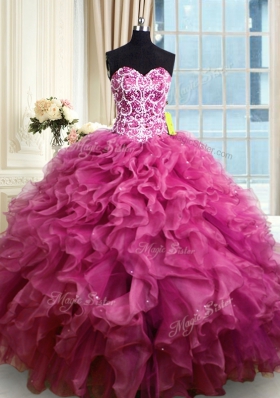 Customized Sleeveless Organza Floor Length Lace Up Quince Ball Gowns in Fuchsia for with Beading and Ruffles