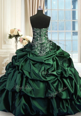 Dark Green Taffeta Zipper Sweetheart Sleeveless Floor Length Quinceanera Dress Beading and Embroidery and Pick Ups