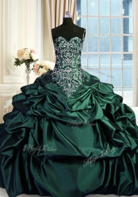 Dark Green Taffeta Zipper Sweetheart Sleeveless Floor Length Quinceanera Dress Beading and Embroidery and Pick Ups