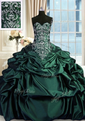 Dark Green Taffeta Zipper Sweetheart Sleeveless Floor Length Quinceanera Dress Beading and Embroidery and Pick Ups