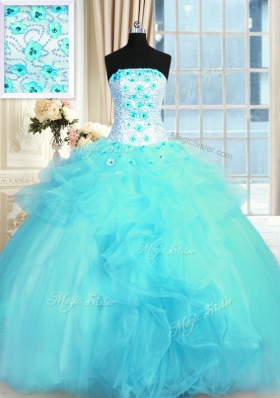 Decent Tulle Strapless Sleeveless Lace Up Pick Ups and Hand Made Flower Vestidos de Quinceanera in Aqua Blue