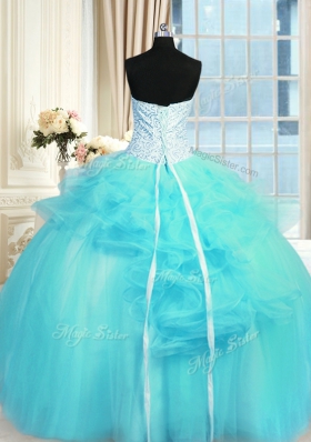 Decent Tulle Strapless Sleeveless Lace Up Pick Ups and Hand Made Flower Vestidos de Quinceanera in Aqua Blue